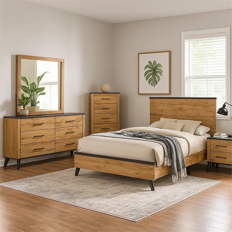 Wemy 5 Piece King Size Bed Set-Rustic Brown Pine Wood-Tapered Legs