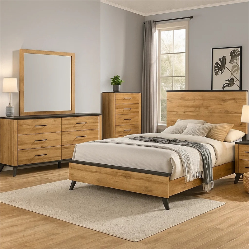 Wemy 5 Piece King Size Bed Set-Rustic Brown Pine Wood-Tapered Legs