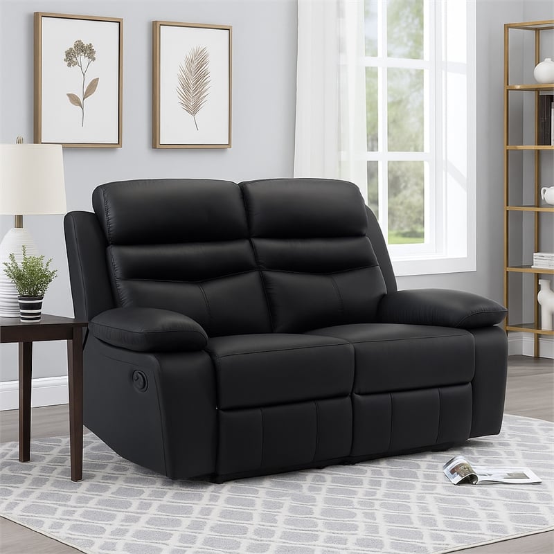 Hanna Manual Double Recliner Loveseat-Black Grain Leather-64 Inch