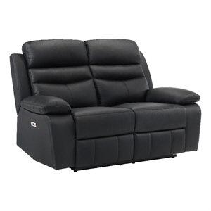 Hanna Power Double Reclining Loveseat-Black Leather-USB-64 Inch