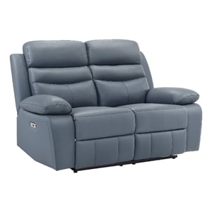 Hanna Power Double Recliner Loveseat-Blue Leather-USB-64 Inch