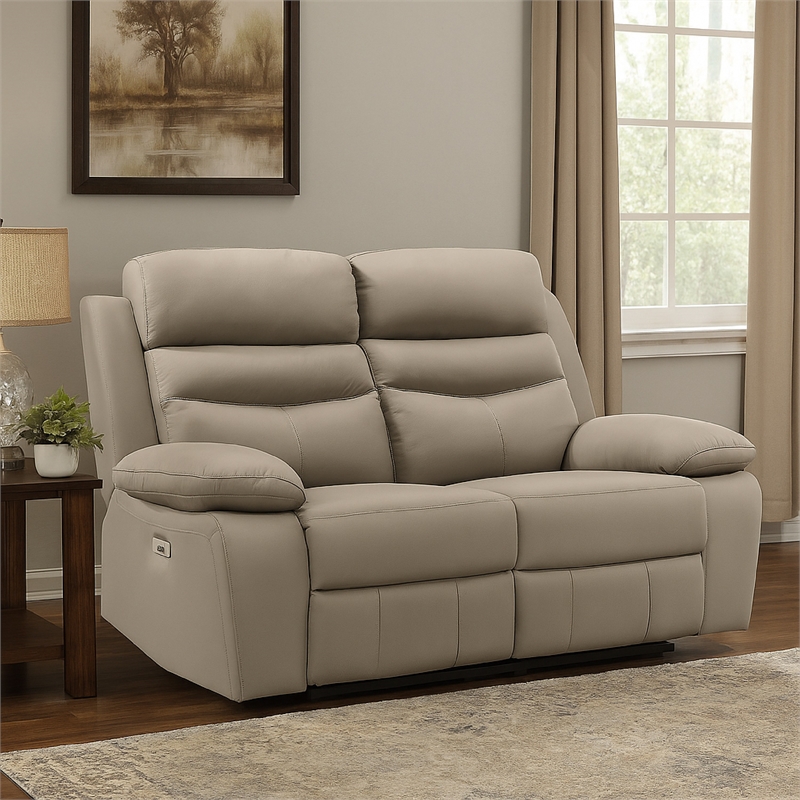 Hanna Power Dual Recliner Loveseat-Latte Brown Leather-USB-64 Inch
