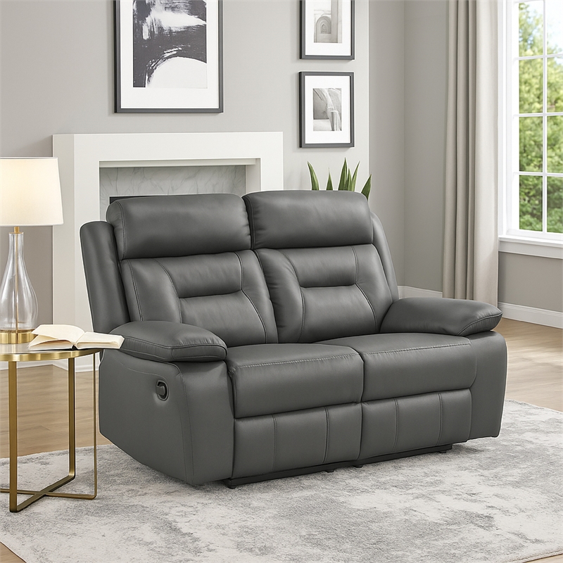 Conia Manual Double Recliner Loveseat-Dark Gray Grain Leather 63 Inch