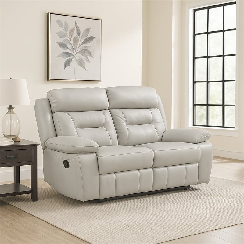 Conia Manual Dual Recliner Loveseat-Light Gray Silver Leather 63 Inch