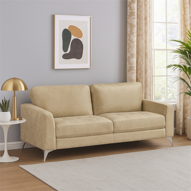 Casie Sofa-Sand Brown Microfiber Foam-Chrome Legs 77 Inch