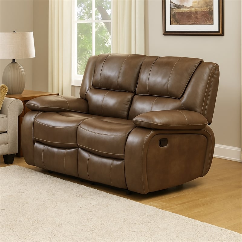 Licot Manual Double Recliner Loveseat-Glossy Brown Leather-64 Inch