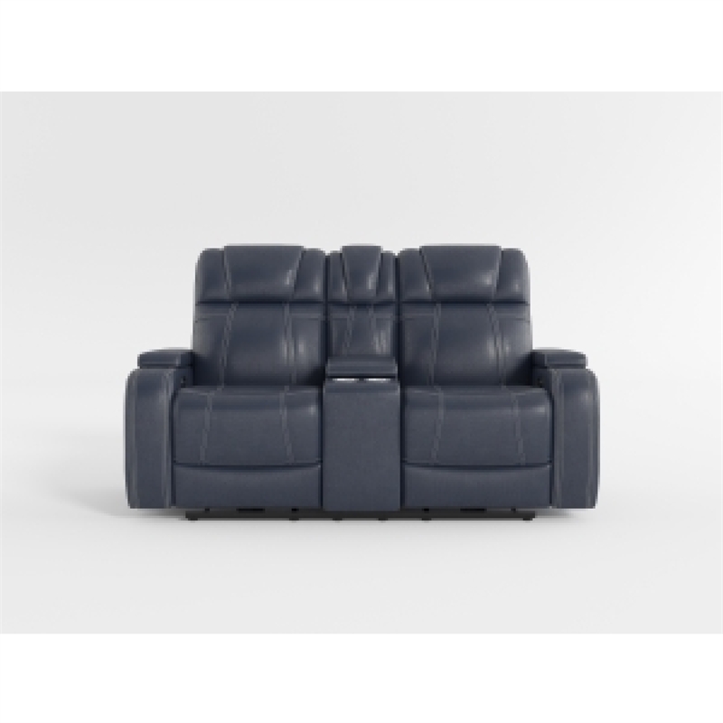 Ezia Power Double Recliner Loveseat-Console-Blue Leather-74 Inch