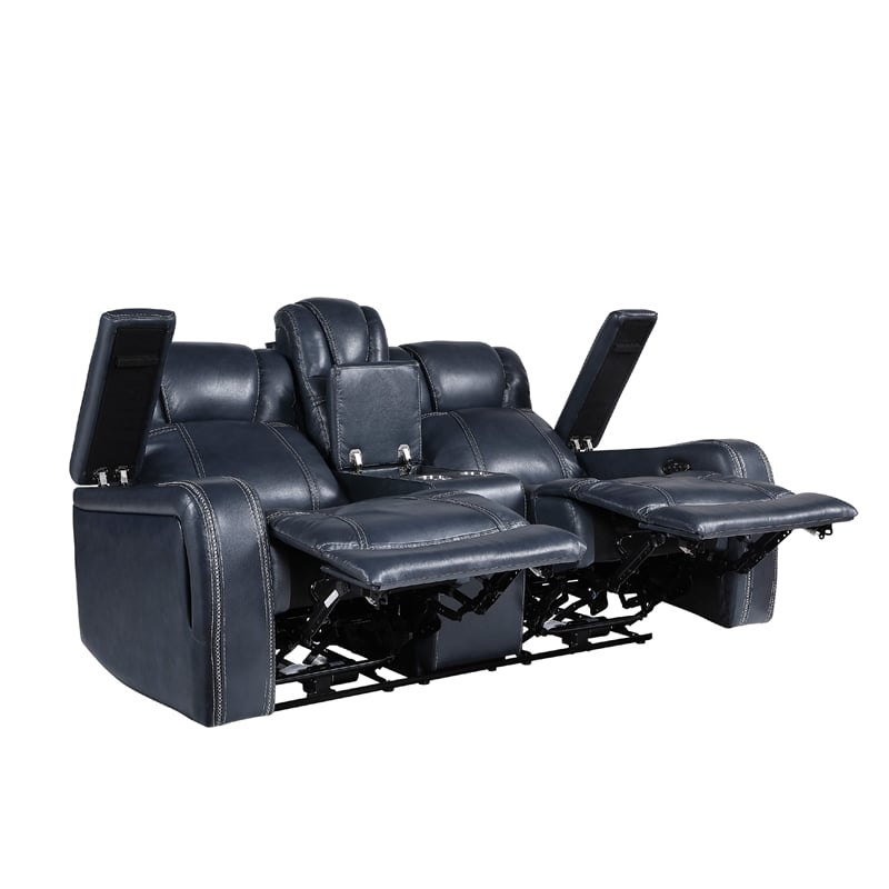 Ezia Power Double Recliner Loveseat-Console-Blue Leather-74 Inch