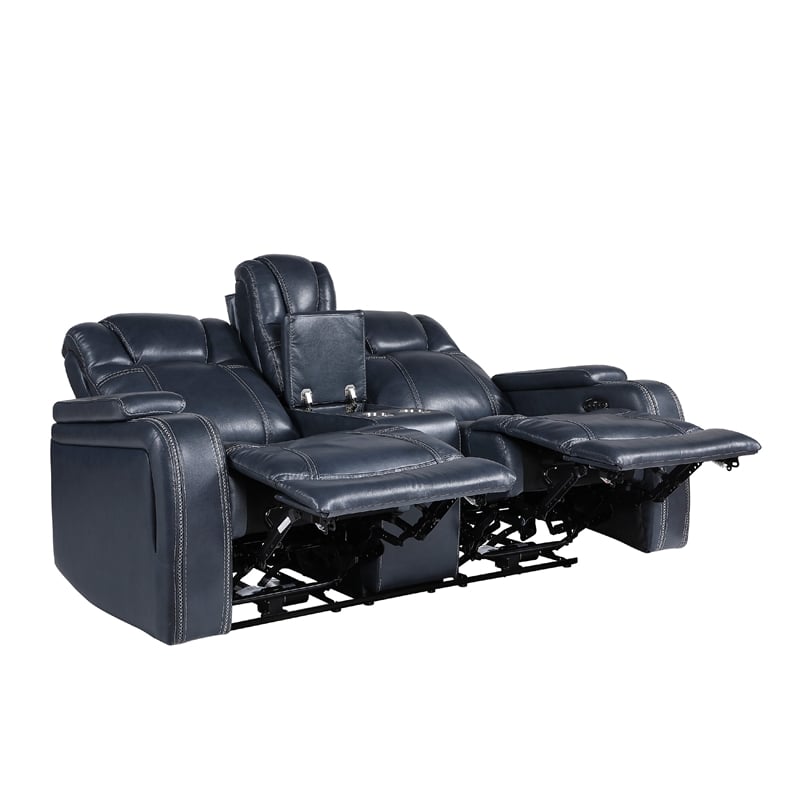 Ezia Power Double Recliner Loveseat-Console-Blue Leather-74 Inch