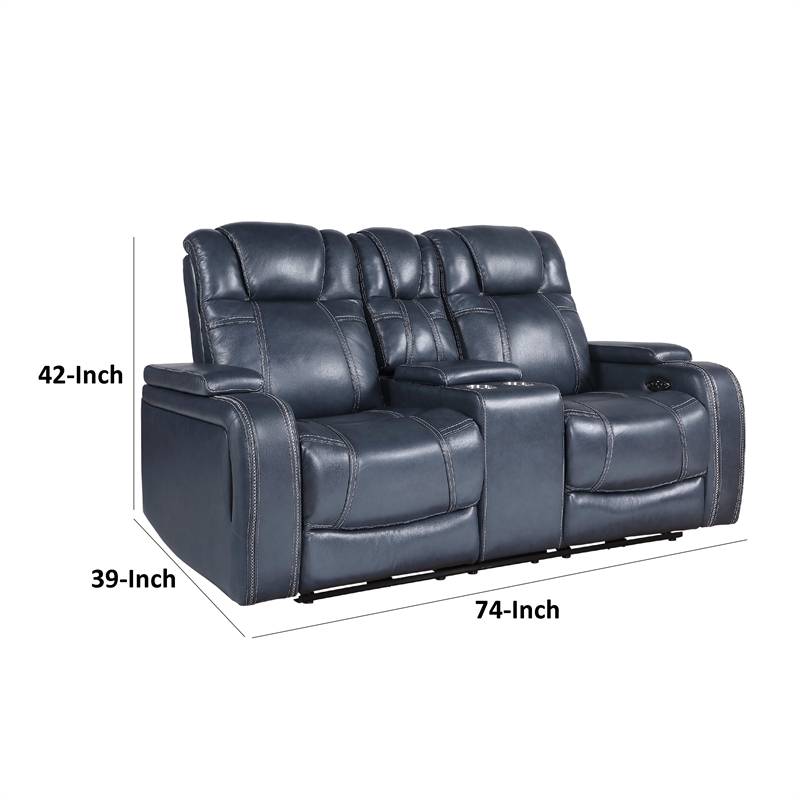 Ezia Power Double Recliner Loveseat-Console-Blue Leather-74 Inch