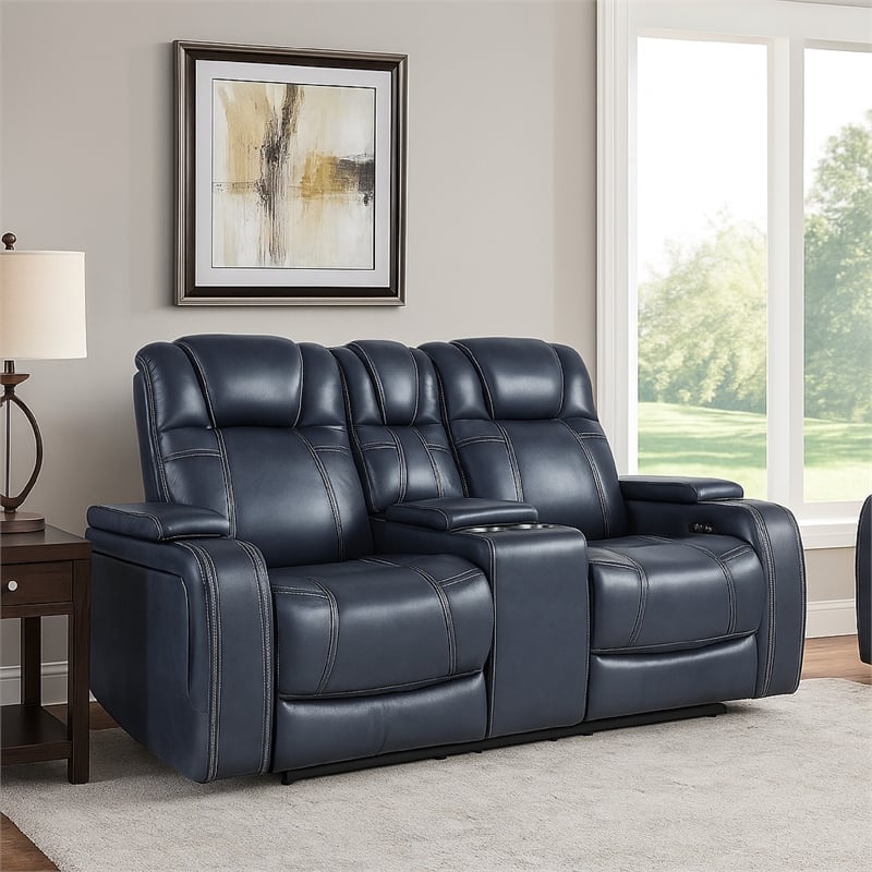 Ezia Power Double Recliner Loveseat-Console-Blue Leather-74 Inch