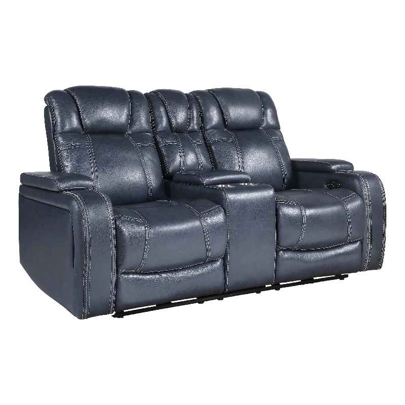 Ezia Power Double Recliner Loveseat-Console-Blue Leather-74 Inch