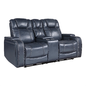 Ezia Power Double Recliner Loveseat-Console-Blue Leather-74 Inch