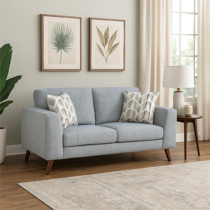 Ricca Loveseat with 2 Pillows-Blue Gray Chenille-Brown Legs-64 Inch