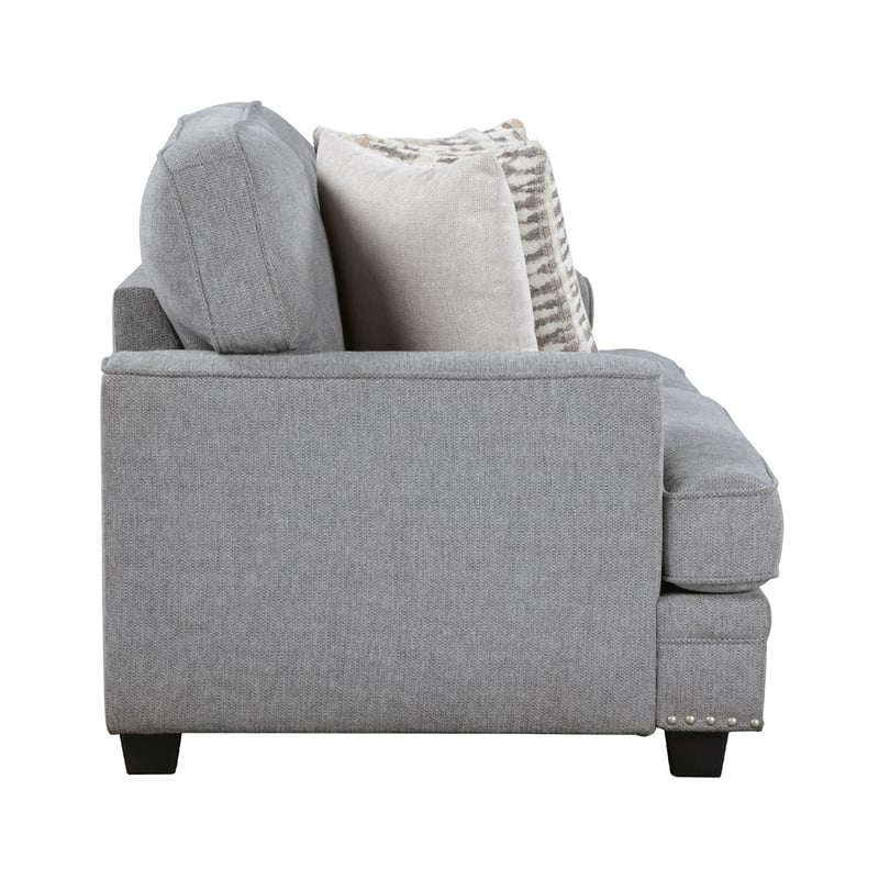 Brady Loveseat with 4 Pillows-Gray Chenille-Nailhead Trim-66 Inch