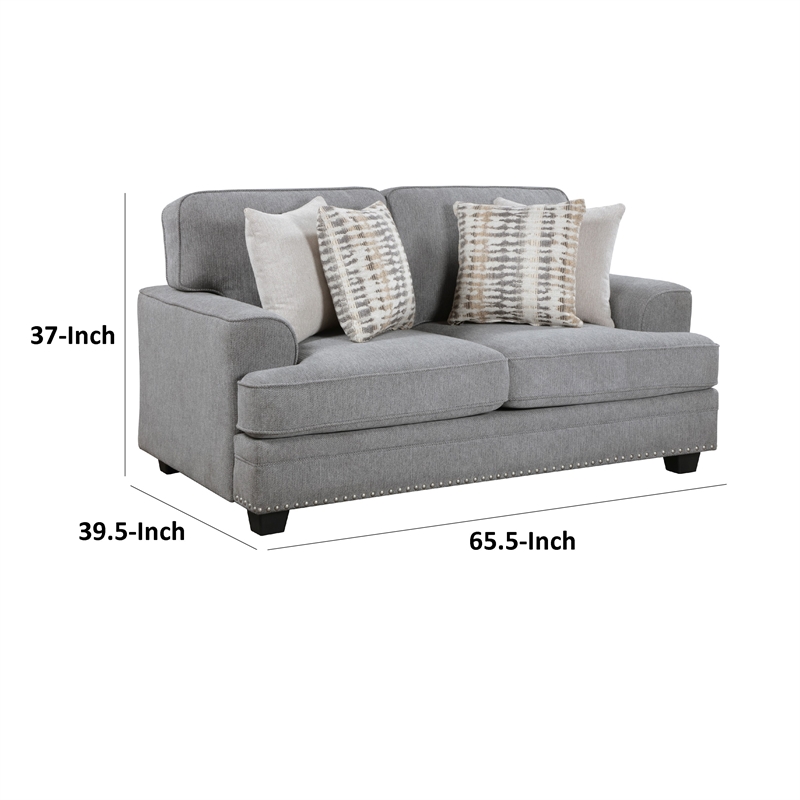 Brady Loveseat with 4 Pillows-Gray Chenille-Nailhead Trim-66 Inch