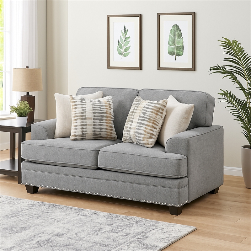 Brady Loveseat with 4 Pillows-Gray Chenille-Nailhead Trim-66 Inch
