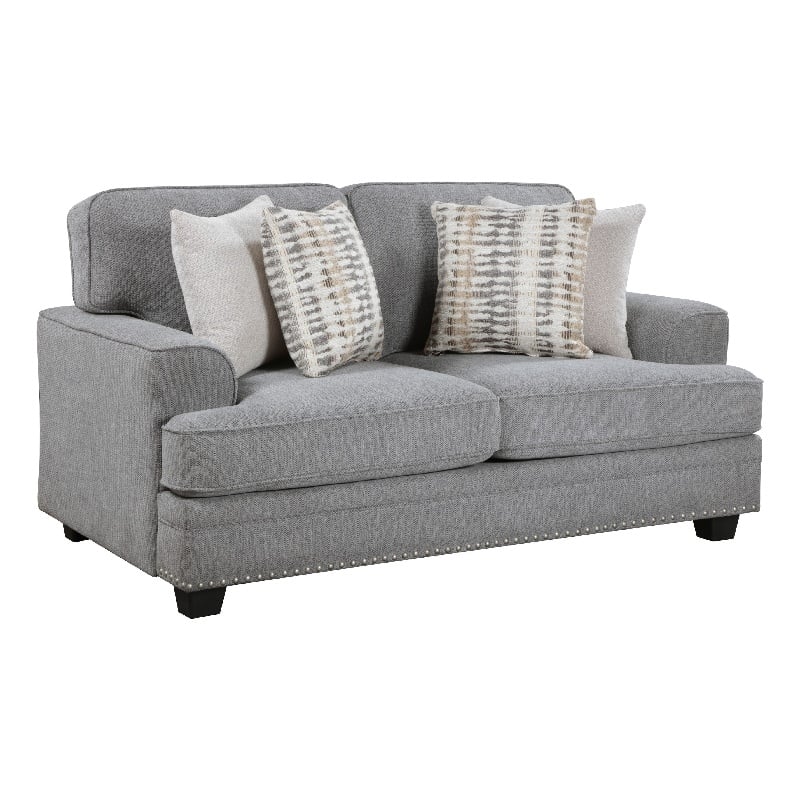 Brady Loveseat with 4 Pillows-Gray Chenille-Nailhead Trim-66 Inch
