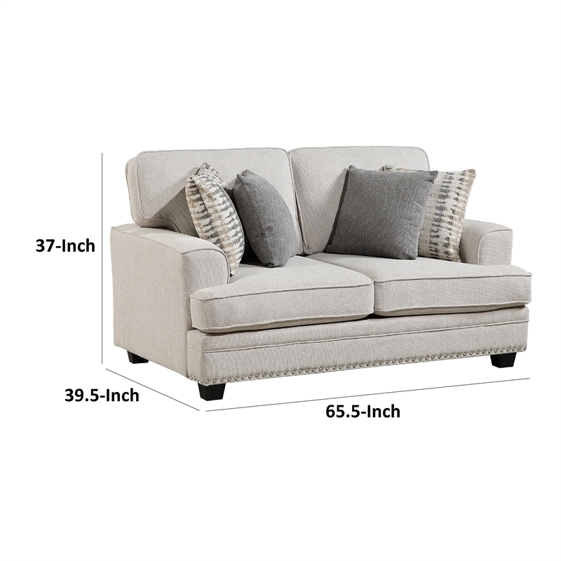 Brady Loveseat with 4 Pillows-Sand Brown Chenille-Nailhead-66 Inch