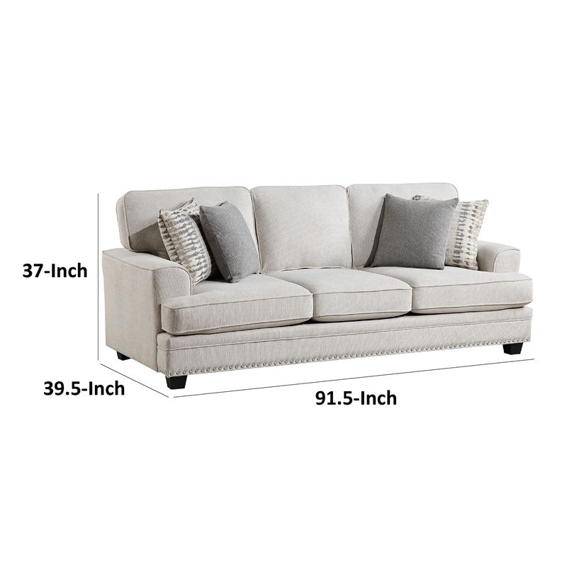 Brady Sofa with 4 Pillows-Sand Brown Chenille-Nailhead Trim-92 Inch