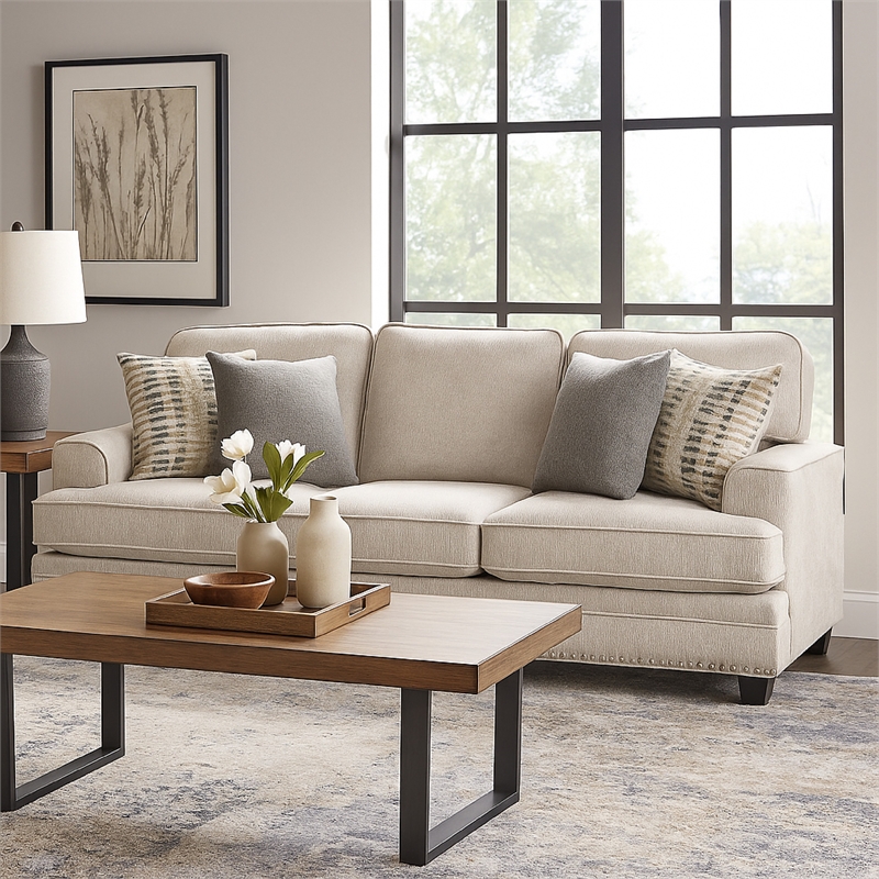 Brady Sofa with 4 Pillows-Sand Brown Chenille-Nailhead Trim-92 Inch