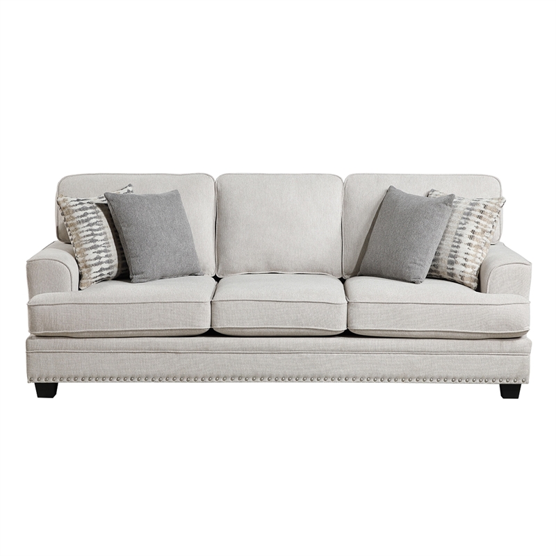 Brady Sofa with 4 Pillows-Sand Brown Chenille-Nailhead Trim-92 Inch