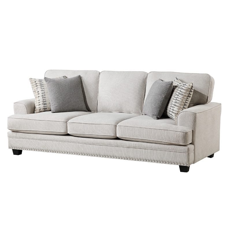 Brady Sofa with 4 Pillows-Sand Brown Chenille-Nailhead Trim-92 Inch