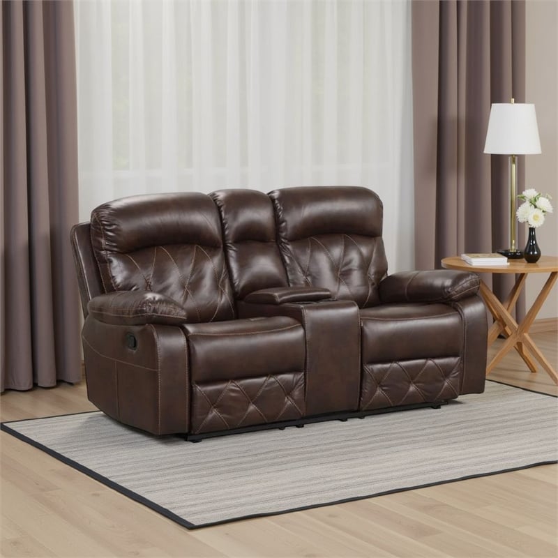 Kesy Manual Recliner Loveseat-Pillow Top Arms-Brown Faux Leather