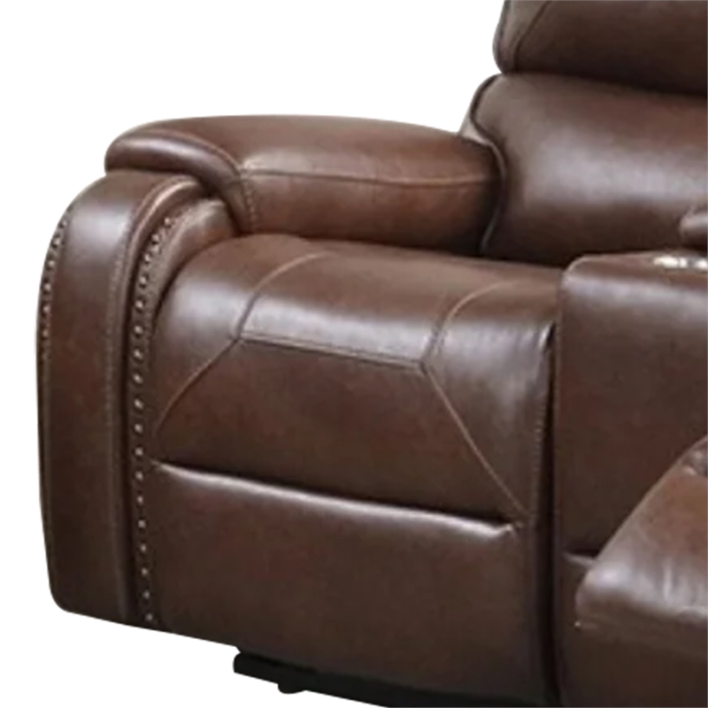 Teli Manual Recliner Loveseat with Console and USB Port-Dark Brown Faux Leather