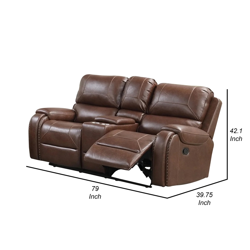 Teli Manual Recliner Loveseat with Console and USB Port-Dark Brown Faux Leather