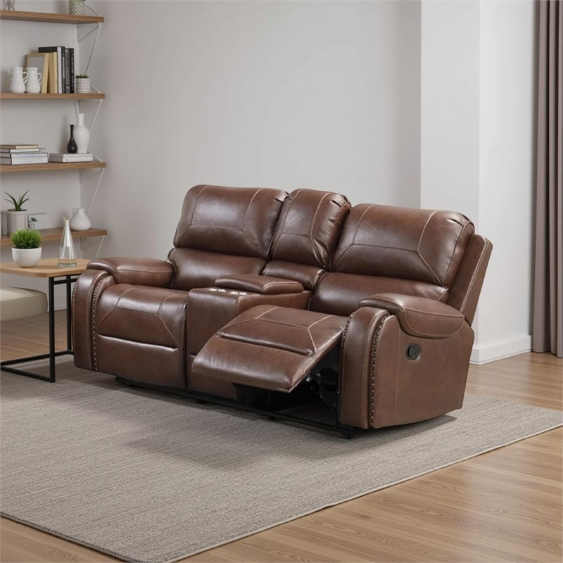Teli Manual Recliner Loveseat with Console and USB Port-Dark Brown Faux Leather