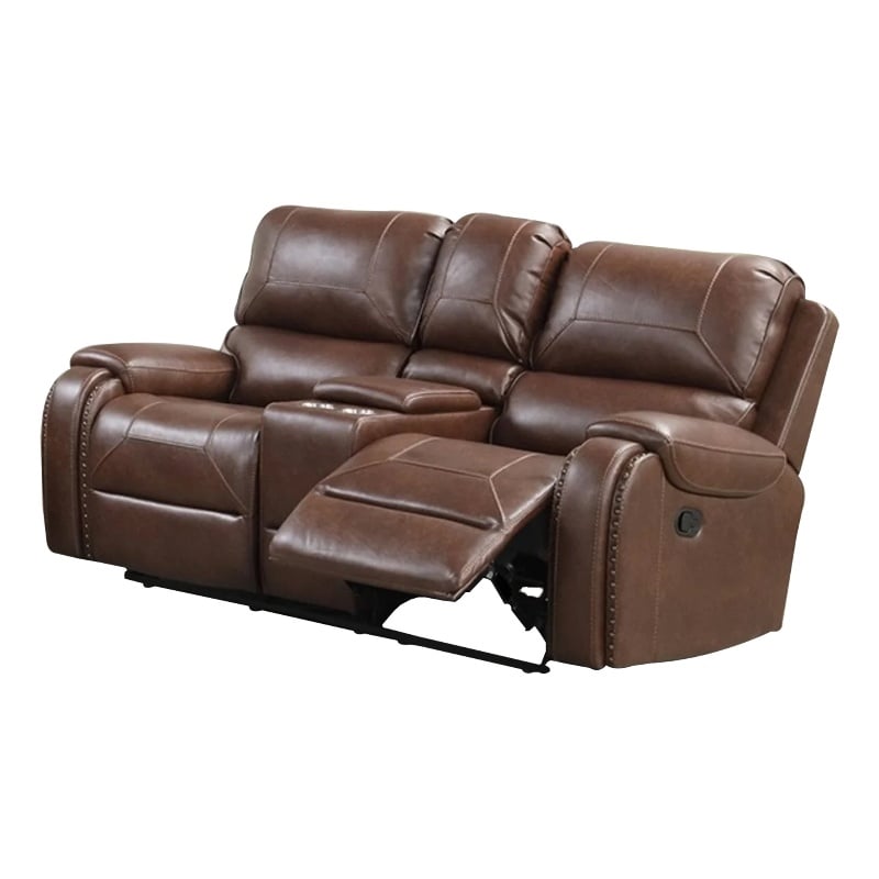 Teli Manual Recliner Loveseat with Console and USB Port-Dark Brown Faux Leather