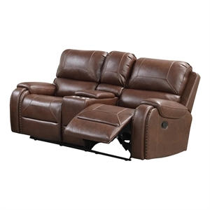 Teli Manual Recliner Loveseat with Console and USB Port-Dark Brown Faux Leather