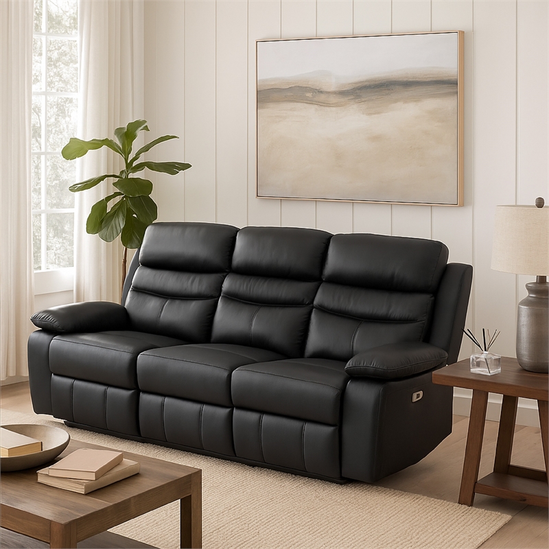 Hanna Power Dual Reclining Sofa-Black Top Grain Leather-USB-87 Inch