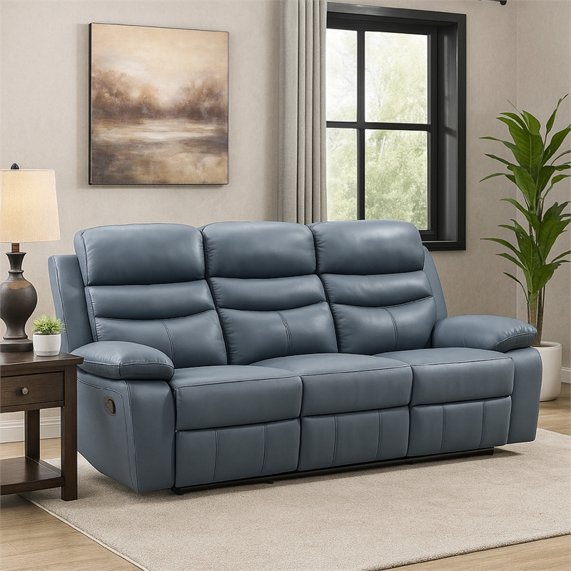 Hanna Manual Double Reclining Sofa-Blue Top Grain Leather-87 Inch