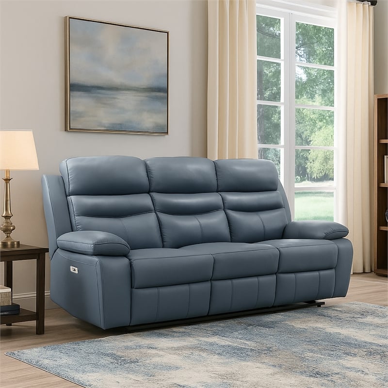 Hanna Power Double Reclining Sofa-Blue Grain Leather-USB-87 Inch