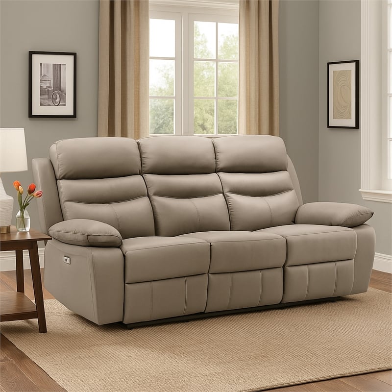 Hanna Power Dual Recliner Sofa-USB-Latte Brown Grain Leather 87 Inch