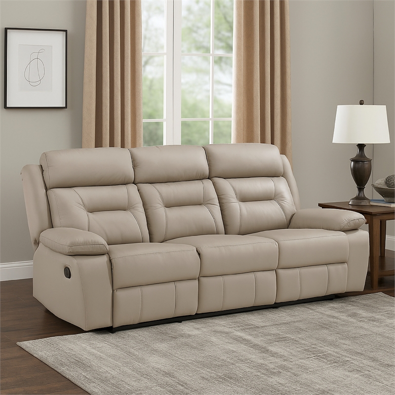 Conia Manual Double Reclining Sofa-Latte Beige Leather-87 Inch