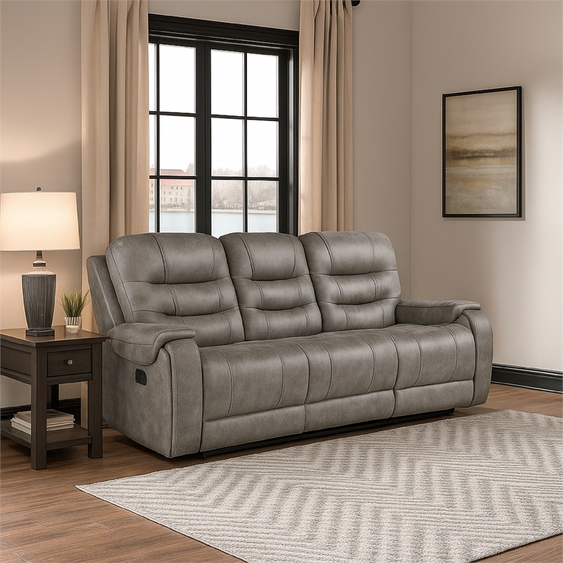 Erron Manual Double Recliner Sofa-Gray Brown Microfiber-87 Inch
