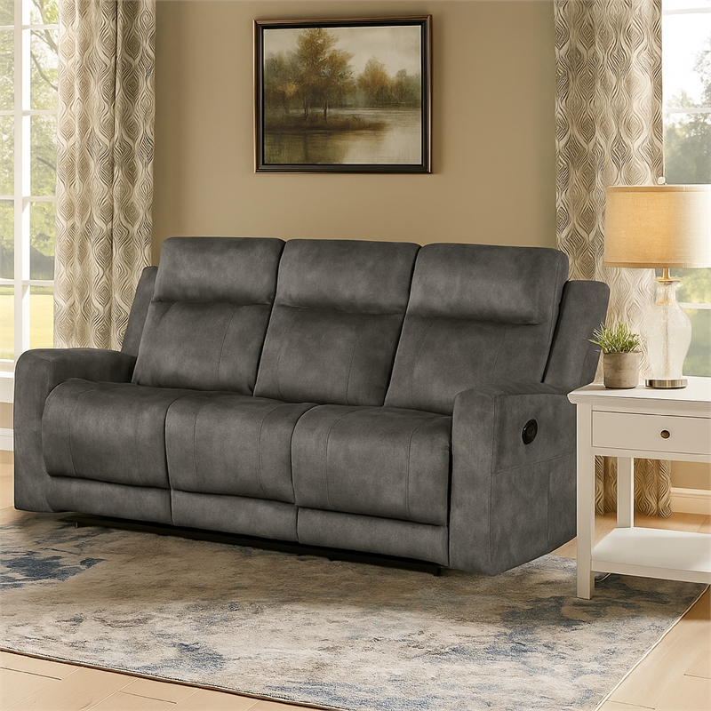 Tesy Manual Double Reclining Sofa-Dark Gray Brown Microfiber-80 Inch