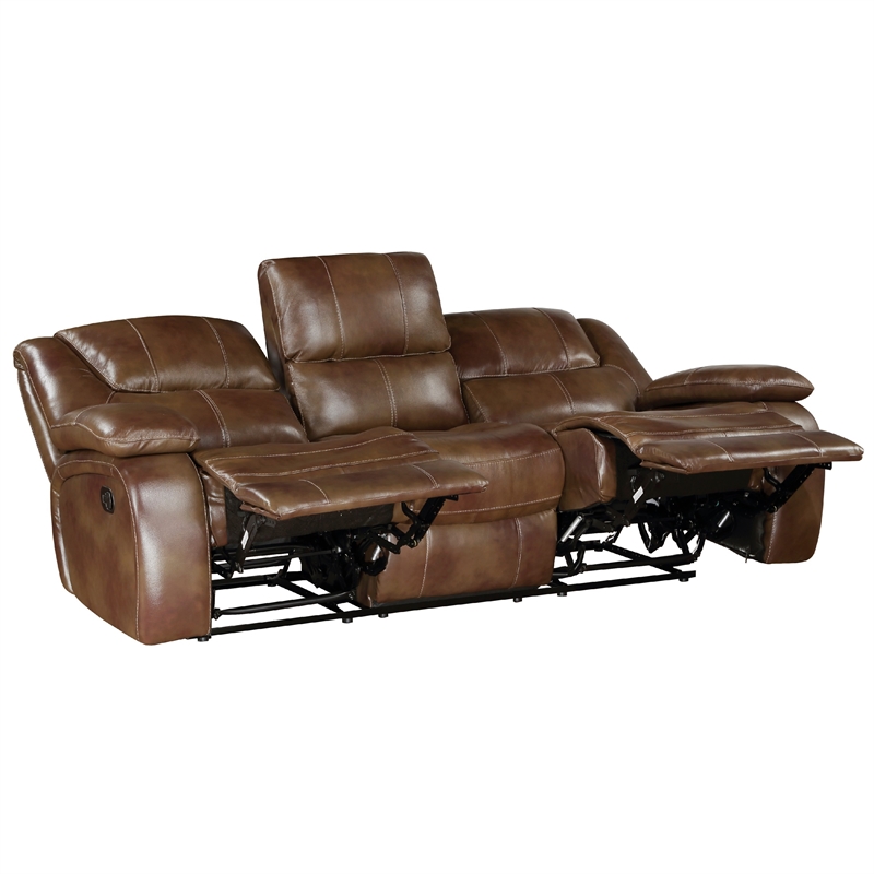Licot Manual Double Recliner Sofa-Glossy Brown Leather-87 Inch