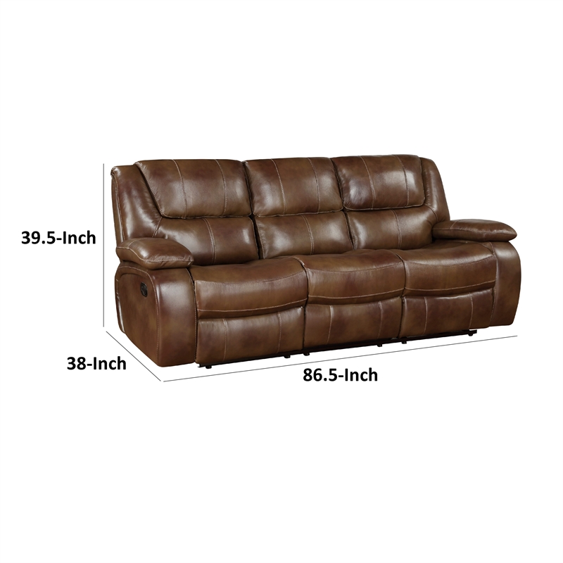 Licot Manual Double Recliner Sofa-Glossy Brown Leather-87 Inch