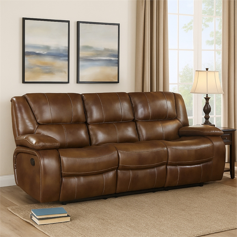 Licot Manual Double Recliner Sofa-Glossy Brown Leather-87 Inch