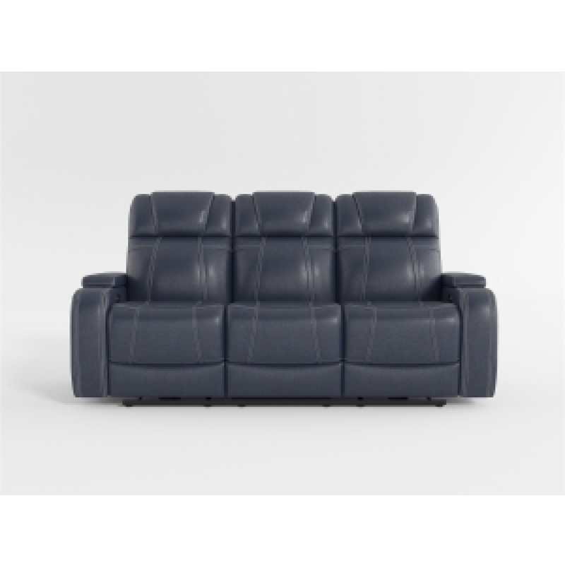 Ezia Power Double Reclining Sofa-Storage Arms-Blue Leather-84 Inch