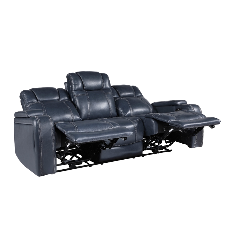 Ezia Power Double Reclining Sofa-Storage Arms-Blue Leather-84 Inch