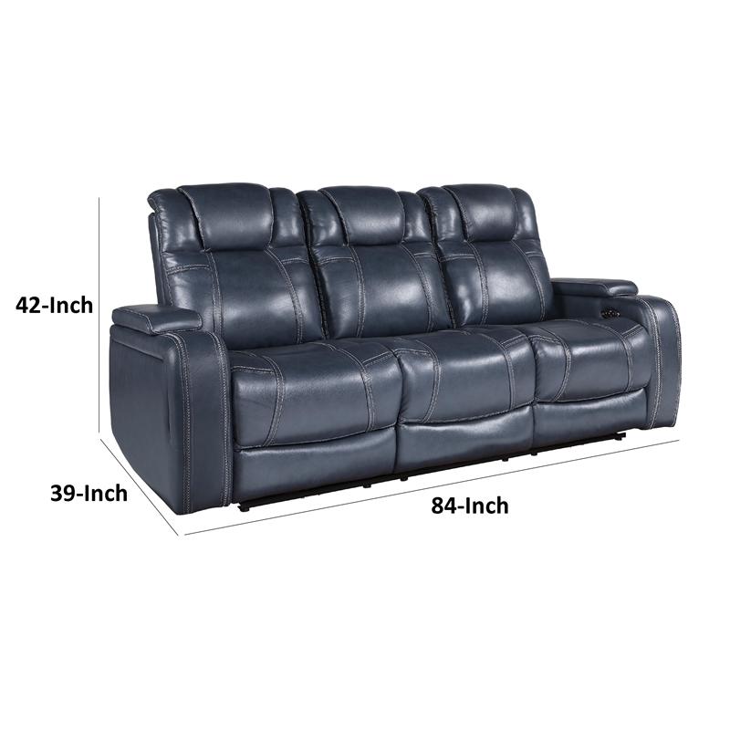 Ezia Power Double Reclining Sofa-Storage Arms-Blue Leather-84 Inch