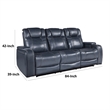 Ezia Power Double Reclining Sofa-Storage Arms-Blue Leather-84 Inch