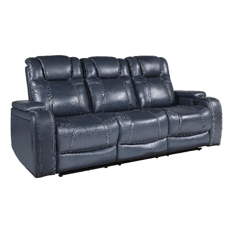 Ezia Power Double Reclining Sofa-Storage Arms-Blue Leather-84 Inch