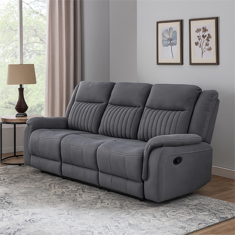 Lenny Manual Double Reclining Sofa-Gray Microfiber-Foam-86 Inch