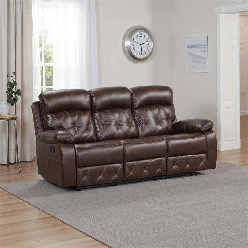 Kesy Manual Recliner Sofa-Pillow Top Arms-Brown Faux Leather 84 Inch
